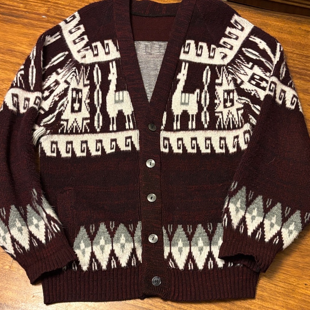 Men's Burgundy Alpaca Patterned Cardigan Sweater‎ - size L - Mayan Aztec